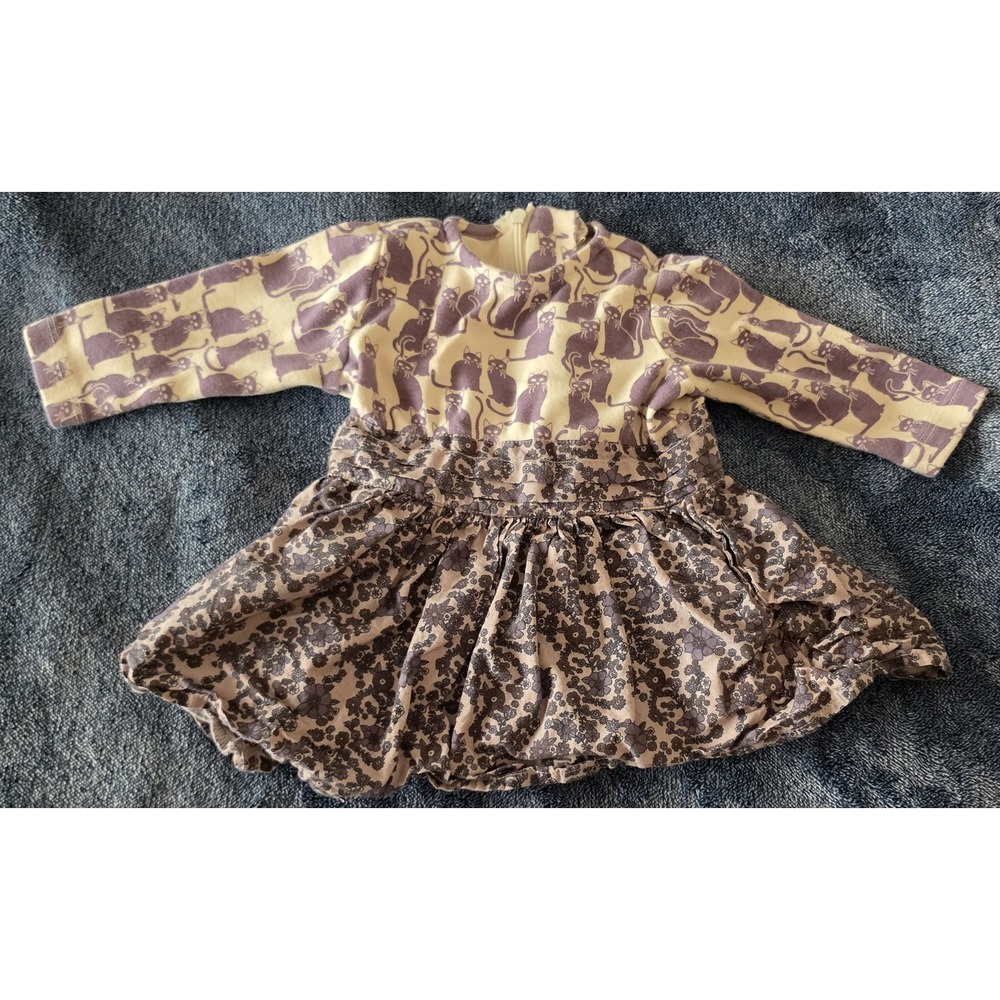 Kate Quinn Baby Dress 3-6M Purple Cream Floral Cat Long Sleeve Cotton